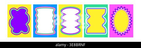 Scallop frame collection with wavy borders in vibrant colors - y2k style shapes with wiggle edges. Retro rectangular and oval bright frames with fun squiggly lines, starburst and curved designs. Stock Vector
