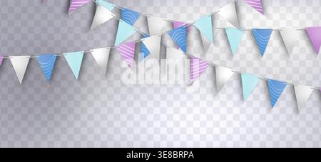 Colorful party flag bunting with triangular pennants on transparent background. Festive paper garland with pink, blue and white flags with striped pattern. Realistic 3D birthday decoration. Stock Vector