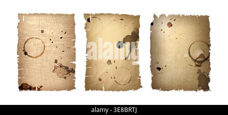Worn vintage paper with coffee stains and torn edges. Old parchment textures with grunge spots and rough borders. Aged paper sheets with burnt marks and shabby beige surface for antique design. Stock Vector