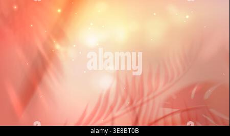 Tropical summer background with blurred palm leaves and sunset gradient. Soft red yellow backdrop with delicate shadow overlay, shimmering bokeh effects and monstera silhouettes. serene beach texture Stock Vector