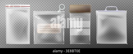 Plastic bag mockups with zipper seals and transparent material. Clear vinyl pouches - ziplock packaging with handles, kraft top, label space and realistic shadows for product branding design. Stock Vector
