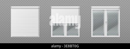 Window with open and closed roller blinds isolated on transparent background. Vector realistic illustration of glass window in plastic frame with textile rolling curtains, interior design element Stock Vector
