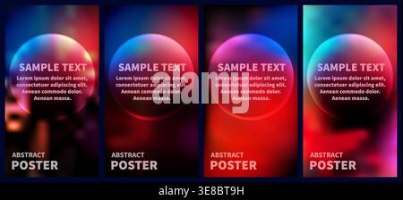 Abstract Glassmorphism Banner Poster Set with Neon Gradient Backgrounds and Frosted Glass Spheres Stock Vector