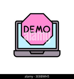 Laptop screen with pastel octagon label reading DEMO in bold text Vector Illustration Stock Vector