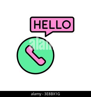Green Phone Icon with HELLO Text in Pink Speech Bubble Style Vector Illustration Stock Vector