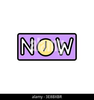 Now Text Icon in Pastel Purple Box with Yellow Clock Dial Vector Illustration Stock Vector