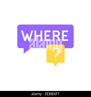 Where Badge in Purple Speech Bubble with Yellow Question Mark Vector Illustration Stock Vector