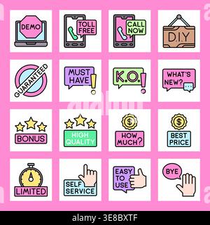 Soft Color Business Labels with Text Stickers and UI Icons on Pink Background Vector Illustration Stock Vector