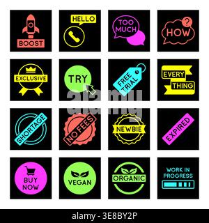 Bright Modern Text Badges with Marketing Buzzwords and Color Blocks Vector Illustration Stock Vector
