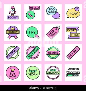 Rounded Edge Color Badge Icons with Sale Labels and Product Warnings Vector Illustration Stock Vector