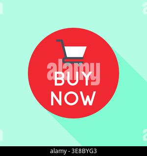 BUY NOW Red Circle Button with Shopping Cart Icon Vector Illustration Stock Vector