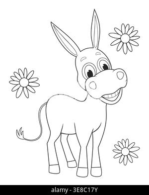 Cute cartoon donkey coloring page with the contours for the coloring page. Sketch of a donkey on a white background. Stock Vector