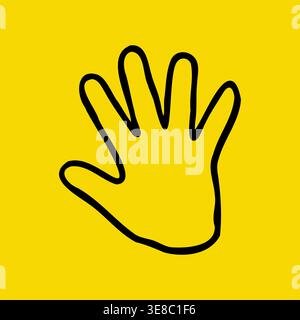 A child's black outline palm on a yellow background for use in stop gesture, handprint, child palm, education, and interface icons Stock Vector