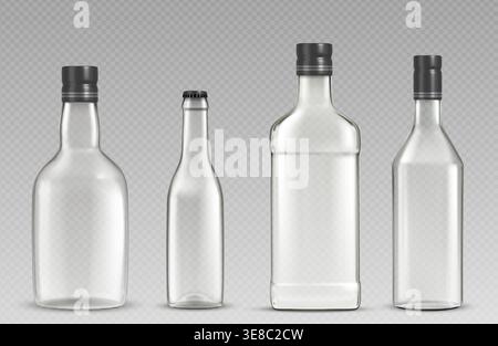 Alcohol drink bottles set isolated on transparent background. Vector realistic illustration of glass containers for wine, whiskey, vodka, or tequila with black caps, blank package mockups Stock Vector
