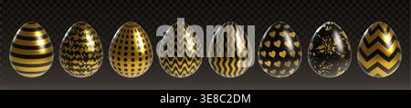 Golden Easter eggs set isolated on transparent. Vector realistic illustration of gold holiday shape with creative black stripe, dot, heart, splash pattern on eggshell, greeting card design elements Stock Vector