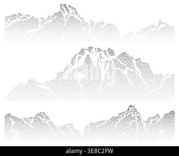 Grain mountain background with blue dot texture on white. Vector illustration of mountain ridge landscape with high summits and snow peaks, color spray effect, halftone gradient design, point art Stock Vector