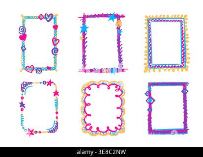 Childish doodle crayon frames set isolated on white background. Vector realistic illustration of hand drawn rectangular borders decorated with pastel hearts, star, abstract scribbles, school art Stock Vector