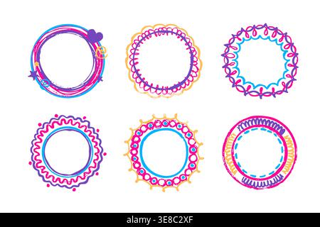Doodle crayon round shape frames set isolated on white background. Vector realistic illustration of hand drawn childish design borders decorated with pastel hearts, stars and abstract scribbles Stock Vector