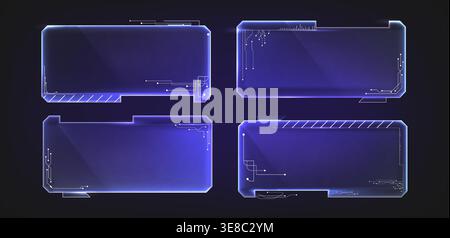 Futuristic HUD frames set for user interface design. Vector realistic illustration of neon blue rectangle borders for AI technology ui, digital data display, cyberpunk holographic computer screen Stock Vector