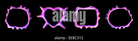 Abstract y2k chrome frames set isolated on black background. Vector realistic illustration of holographic heart and round shape borders, unicorn pink metallic design element, iridescent glossy surface Stock Vector
