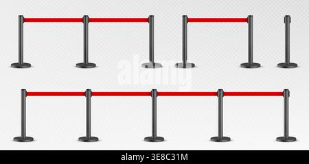 Belt barrier with red rope on black poles isolated on transparent background. Vector realistic illustration of ribbon queue line divider for security control at airport, night club, museum, theater Stock Vector