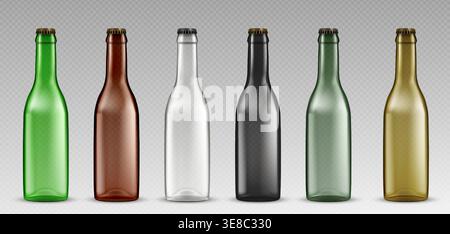 Beer bottle mockups set isolated on transparent background. Vector realistic illustration of black, green, brown, white glass container for alcoholic beverage or carbonated soda drink with crown cap Stock Vector