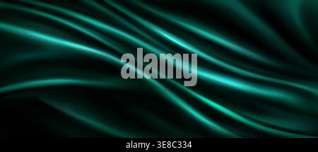 Green silk fabric texture with smooth waves. Vector realistic illustration of luxury satin cloth, abstract curtain drapery background, emerald green premium material with silky gradient, draped flag Stock Vector
