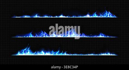 Burning edge set with blue fire and smoke isolated on transparent background. Vector realistic illustration of burnt border lines with cold magical flames, smoldering mystical hell fire design element Stock Vector