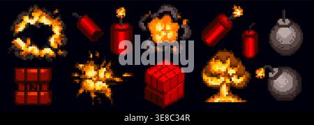 Retro 8-bit pixel explosion with vibrant fire, bomb and dynamite isolated on black bg. Vector illustrations of classic arcade game design, vintage computer animation, nostalgic video game blast icons. Stock Vector