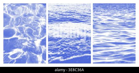 Halftone ocean and swiming pool water ripple sutface, abstract blue sea water texture with flowing lines. Vector set of illustrations with vintage graphic effect and sun reflection, summer wallpaper Stock Vector