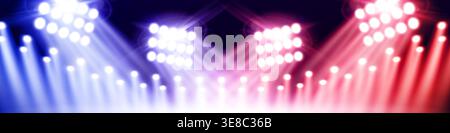 Bright blue red stadium spotlights realistic vector illustration. Light beams in night sky, professional show equipment, dramatic concert stage atmosphere with glowing effects Stock Vector