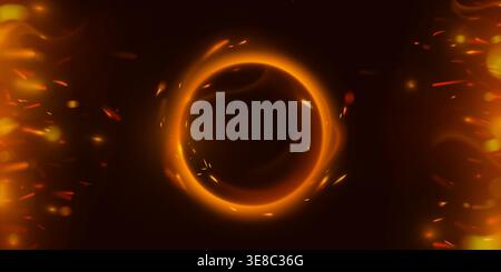 Abstract fire ring glowing on black background with fiery sparkle. Vector realistic illustration of round frame with burning flame effect, hot sparks shimmering in darkness, magic energy portal Stock Vector