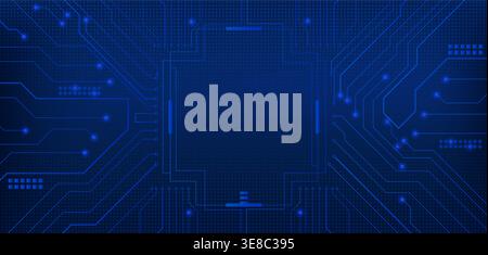 Hi tech circuit board frame with glowing blue lines and futuristic digital patterns, vector realistic illustration. High tech abstract electronic backdrop with square border and neon light Stock Vector
