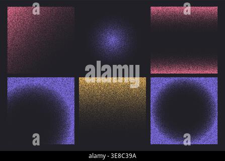 Grainy gradient texture square frames with vintage noise or spray effect and abstract dust patterns on black background. Vector illustration, color grunge borders for retro design Stock Vector