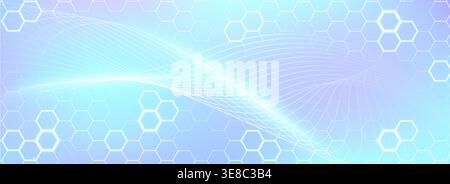 Blue abstract background with hexagonal pattern, geometric structure and spiral mesh. Vector illustration, gradient banner with twisting wawy lines and and glowing hexagons, biomedical concept Stock Vector
