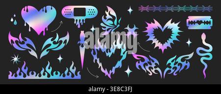 Y2k gothic gradient holographic tattoo vector set. Neo tribal goth butterfly sticker, psychedelic thorn burning heart, fire flames, dagger, neotribal barbed wire. Hand drawn cyber sigilism emo icons Stock Vector