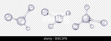 3D molecular structure with transparent glass atoms and bonds, realistic vector illustrations. Chemical formula model isolated on transparent background, laboratory and science symbol Stock Vector