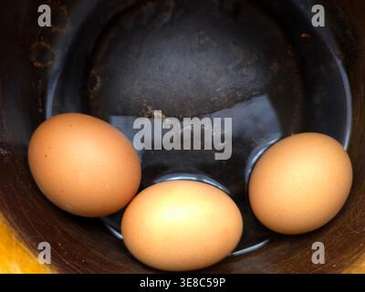 Three boiled eggs rest in a bowl filled with water. This scene shows eggs ready for cooling after being cooked. They are surrounded by water. Stock Photo