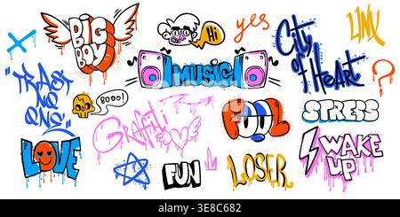 Street art doodles with rap music symbols, city graffiti tags, and urban spray paint elements in retro colors isolated on white background. Artistic hip-hop culture vector patterns, wall design Stock Vector