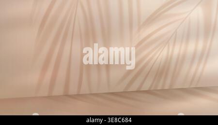 Palm leaves shadow on beige wall and floor background, realistic vector illustration. Natural light effect in clean studio space, tropical coconut tree leaf silhouettes overlay, product display Stock Vector