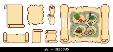 Pixel art game scrolls, vintage parchment texture frames and decorative borders, cartoon vector isolated on white. Treasure maps templates, medieval banners, or retro video game UI design elements Stock Vector