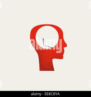Businesswoman silhouette standing inside giant red human head profile symbolizing mental health and corporate brainstorming. Stock Vector