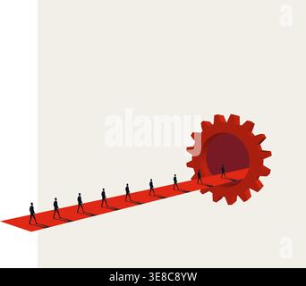 Businessmen Walking Into Gear Automation AI Job Loss Technology Minimal Vector Concept Illustration Stock Vector