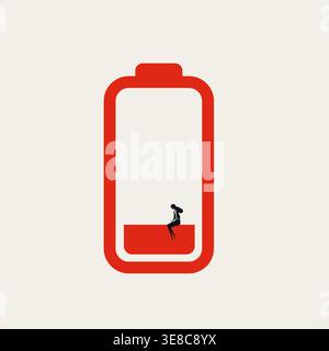 Low Energy Level Red Battery Icon with Tired Businesswoman, Conceptual Minimalist Vector Illustration of Professional Burnout. Stock Vector