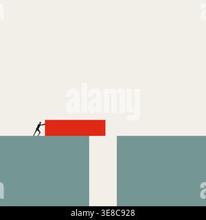 Businessman Pushing Large Red Block to Build a Bridge Over Gap in a Minimalist Vector Concept Illustration. Stock Vector