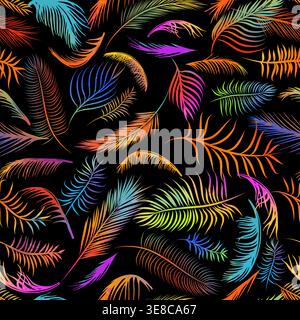 Tropical palm leaves, jungle leaves. Seamless pattern with colored palm leaves on a black background. Hand drawn. Not AI, vector illustration. Stock Vector