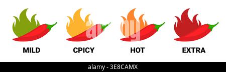 Spicy pepper level hot icon. Spice chili sauce logo heat fire indicator meter sticker. Red pepper flavor emblem. Stock Vector
