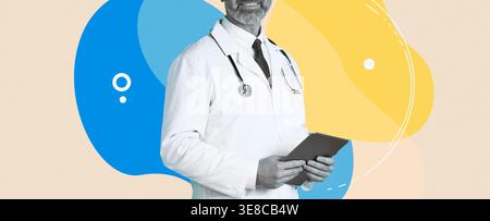 Mature Doctor Uses Digital Tablet for Patient Consultations on a Blue Background Stock Photo