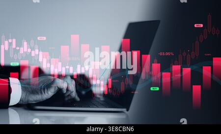 Collage Showing Trading Activity and Data Visualization on a Laptop Screen Stock Photo