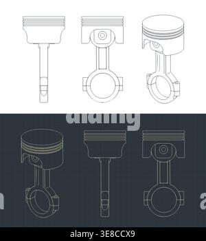 Combustion engine piston and connecting rod assembly technical drawings: stylized vector illustrations Stock Vector